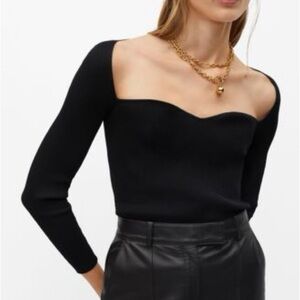 Mango Black Ribbed Long-Sleeve Sweetheart Neckline Top